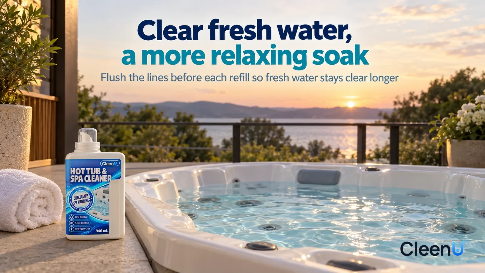 Illustration: CleenU Hot Tub & Spa Cleaner — An evening deck, a white hot tub (no brand marks) filled with clear fresh water, the surface calm and sparkling Headline: "Clear fresh water, a more relaxi