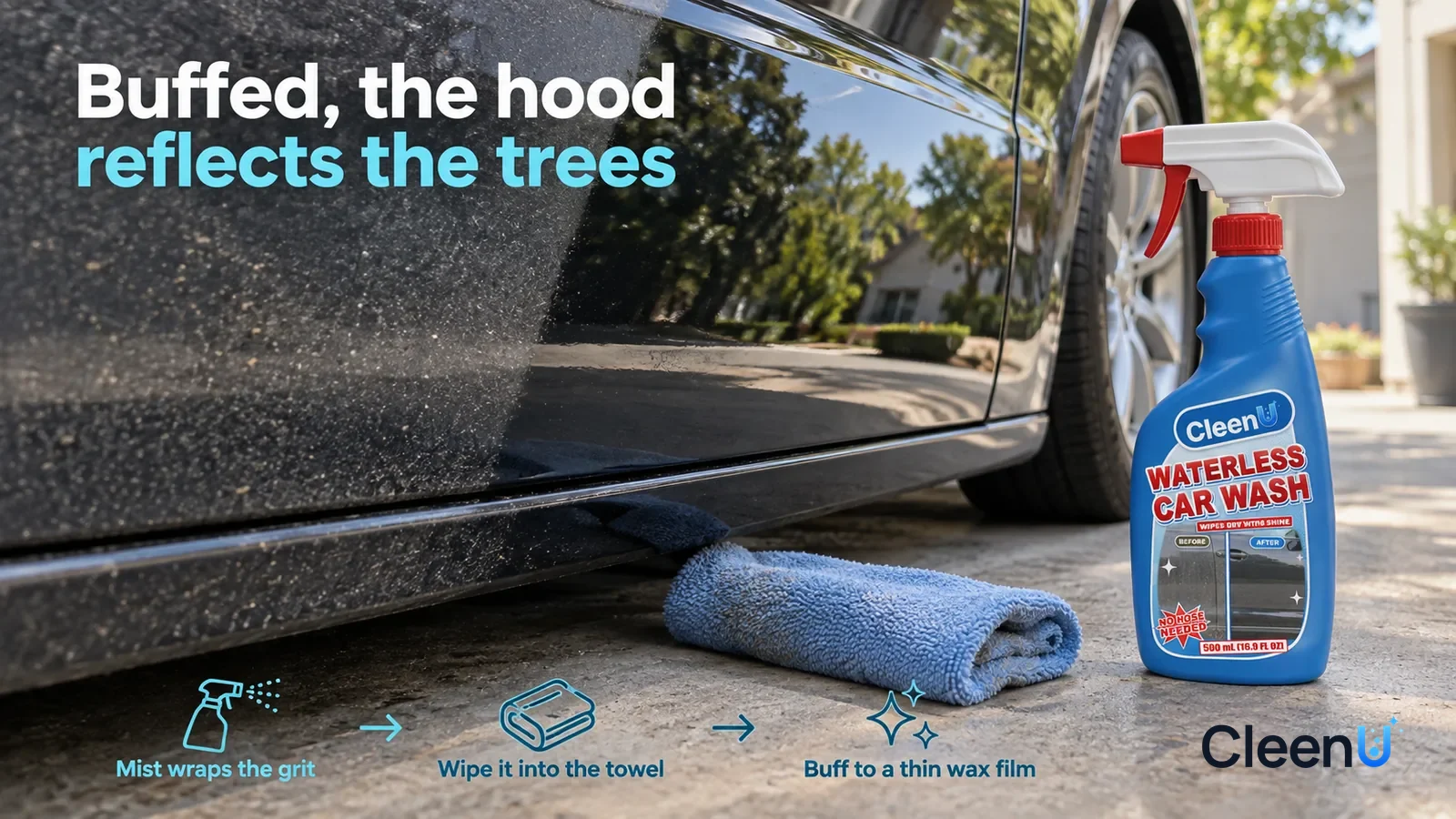 Illustration: CleenU Waterless Car Wash — a folded blue microfiber towel has just made one pass in one direction, the wiped strip glossy and clearly reflecting the ceiling light