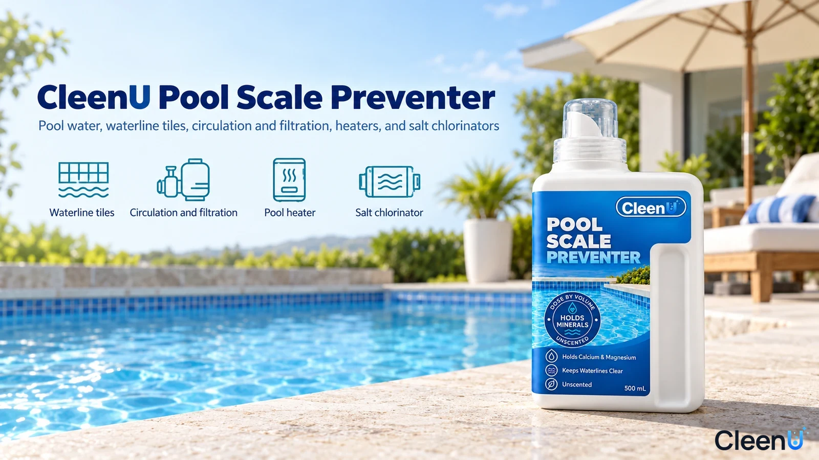 Illustration: A white scale-preventer bottle beside a pool with use icons.