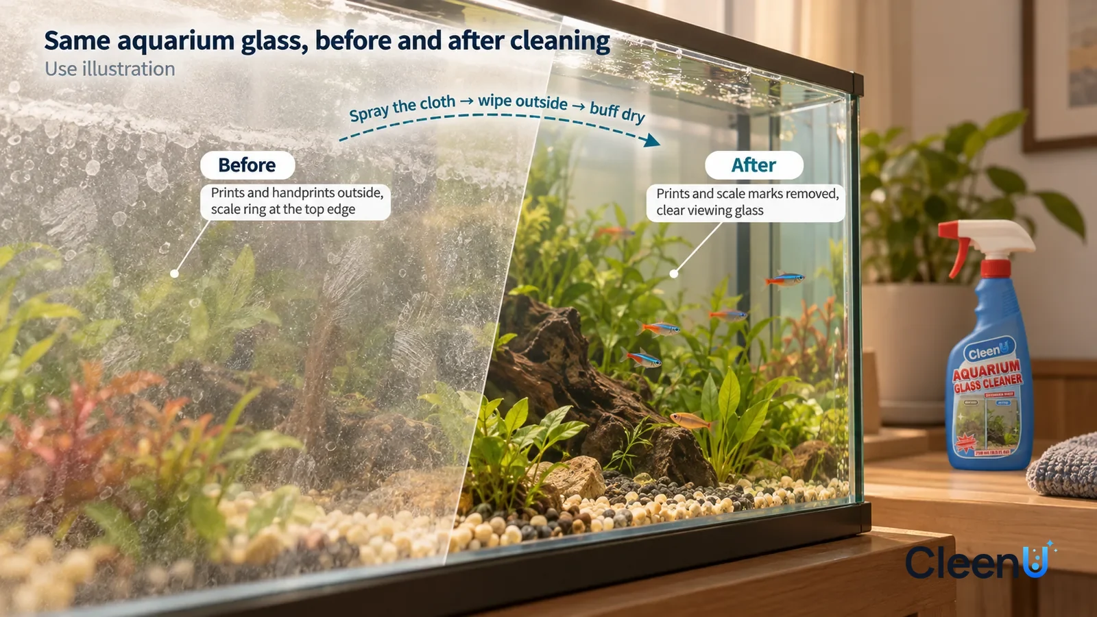 Illustration: CleenU Aquarium Glass Cleaner — A full-screen low-angle close-up of a planted aquarium's front glass, in the same side light
