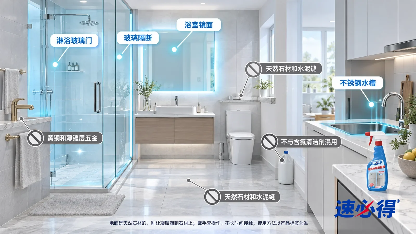 示意图：速必得硬水水垢去除剂——一张写实 3D 剖面实景图，一套明亮的家的主卫、次卫和厨房区域，连续空间、一个视角，不出现瓶子：淋浴玻璃门、玻璃隔断、浴室镜面