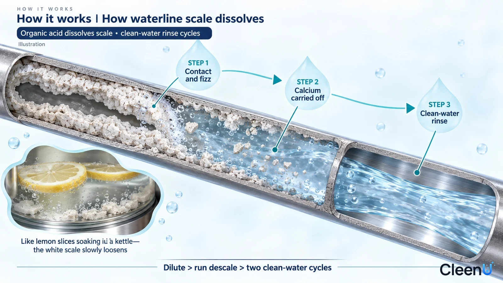 Illustration: A pipe cross-section, white scale particles, liquid and flow arrows.