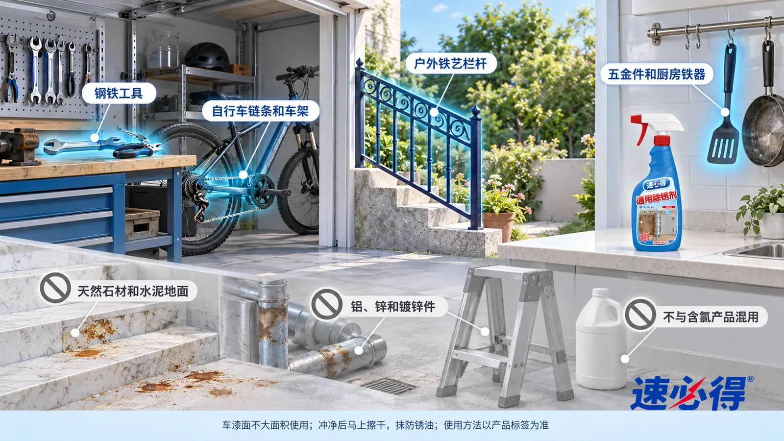 示意图:速必得通用除锈剂——一张写实 3D 剖面实景图,一套明亮的家的车库、庭院和厨房区域,连续空间、一个视角,不出现瓶子:车库工作台上的扳手和钳子、自行车链条和车架