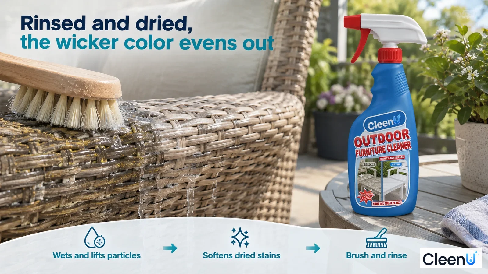 Illustration: A brush cleaning marks on a woven chair arm beside a blue cleaner bottle.