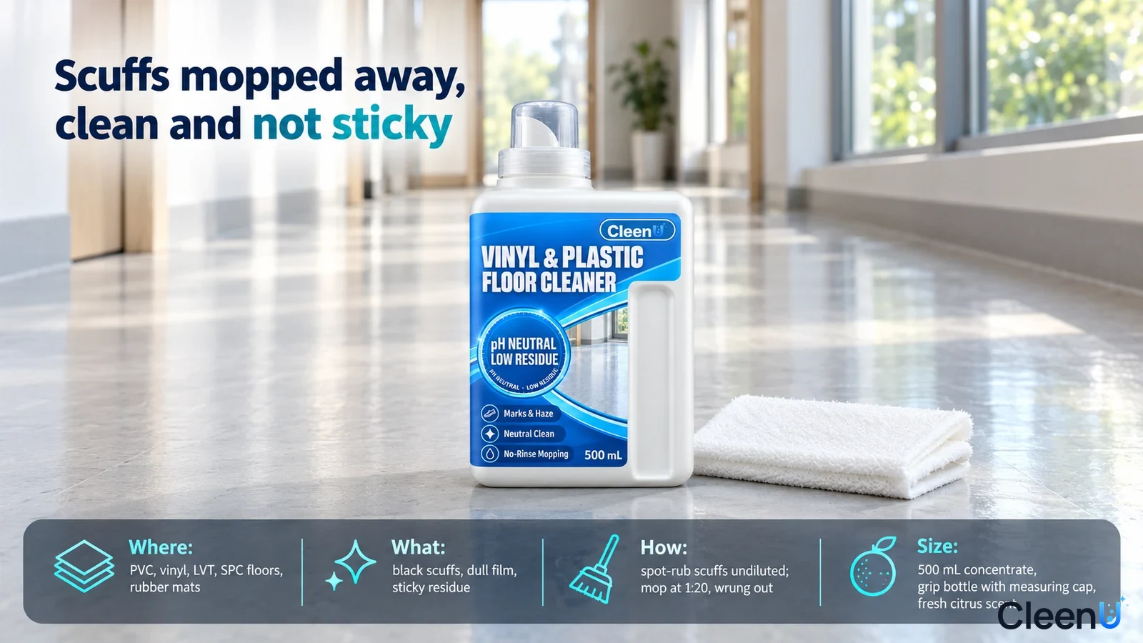Illustration: A white cleaner bottle and folded white cloth on a reflective hallway floor.