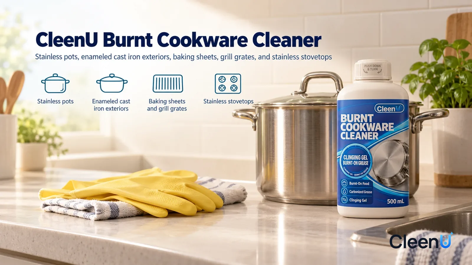 Illustration: CleenU Burnt Cookware Cleaner — A bright, clean kitchen, a shining stainless-steel stockpot (no brand marks) and a pair of rubber gloves by the sink