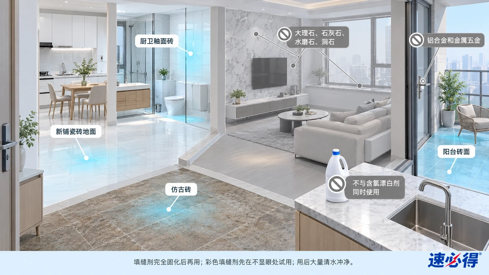 示意图:室内地砖和墙砖区域被突出显示,旁边列有材质注意事项图标。