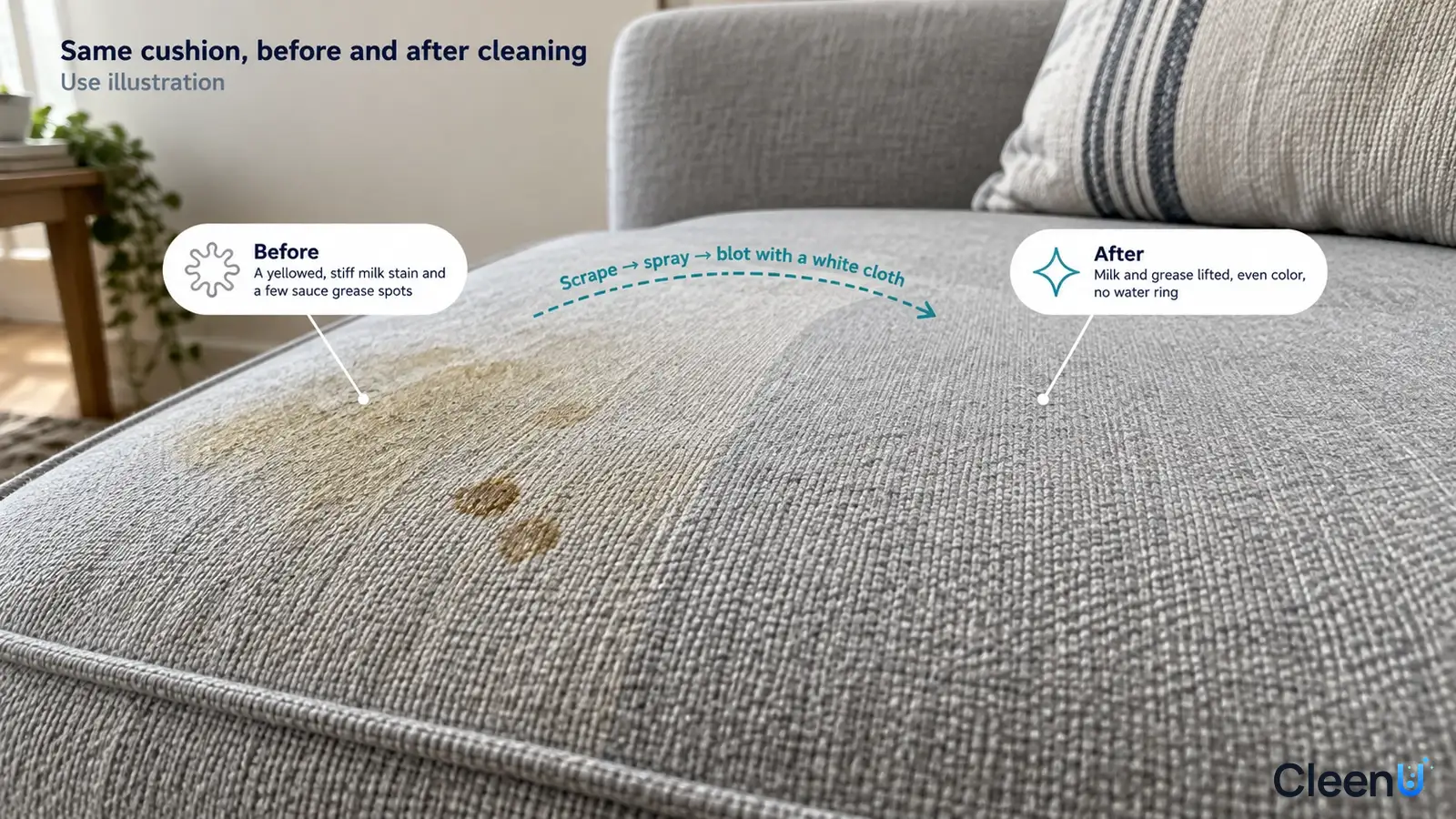 Illustration: Milk and food stains beside a clearer sofa cushion area; not a measured cleaning test.