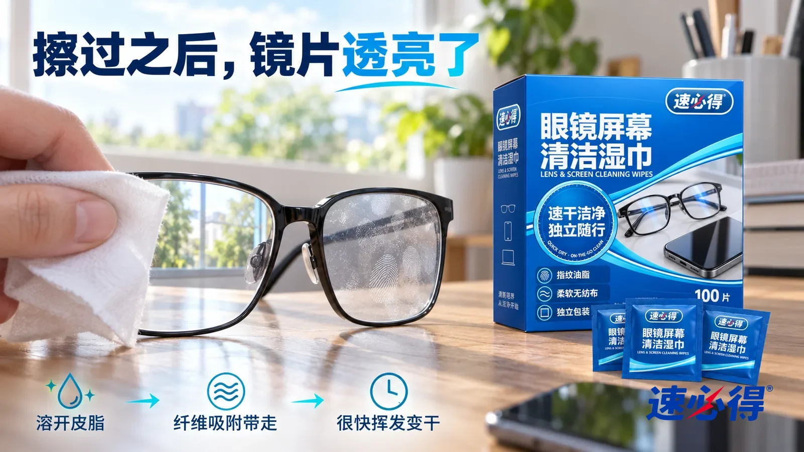 示意图：速必得眼镜屏幕清洁湿巾——一张展开的白色湿巾刚擦过半边镜片，擦过的一半透亮，透过去看到的窗景清楚，另一半还留着一点指纹油印