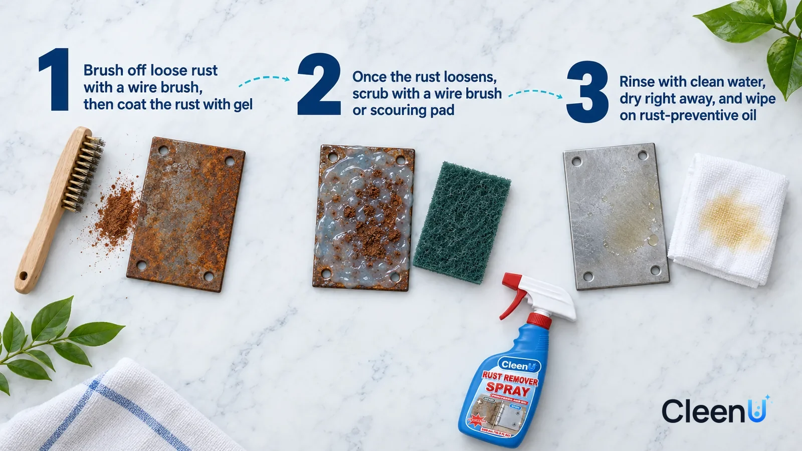 Illustration: CleenU Rust Remover Spray — an overhead shot straight down onto a light marble tabletop, no bottle and no hands: (1) a wire brush
