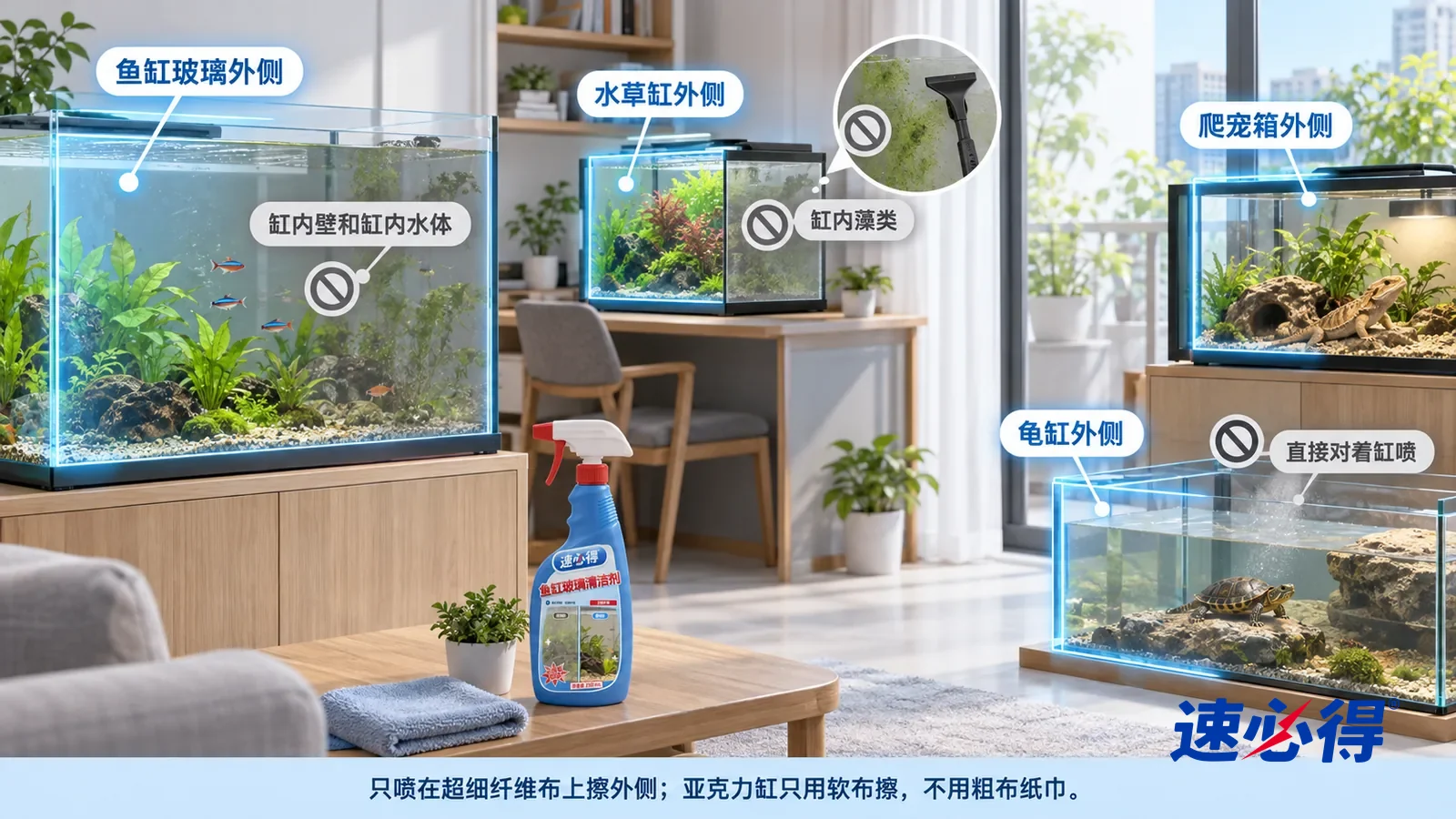 示意图：速必得鱼缸玻璃清洁剂——一张写实 3D 剖面实景图，一套明亮的家的客厅、书房和阳台区域，连续空间、一个视角，鱼缸前玻璃外侧、水草缸外侧、爬宠箱外侧
