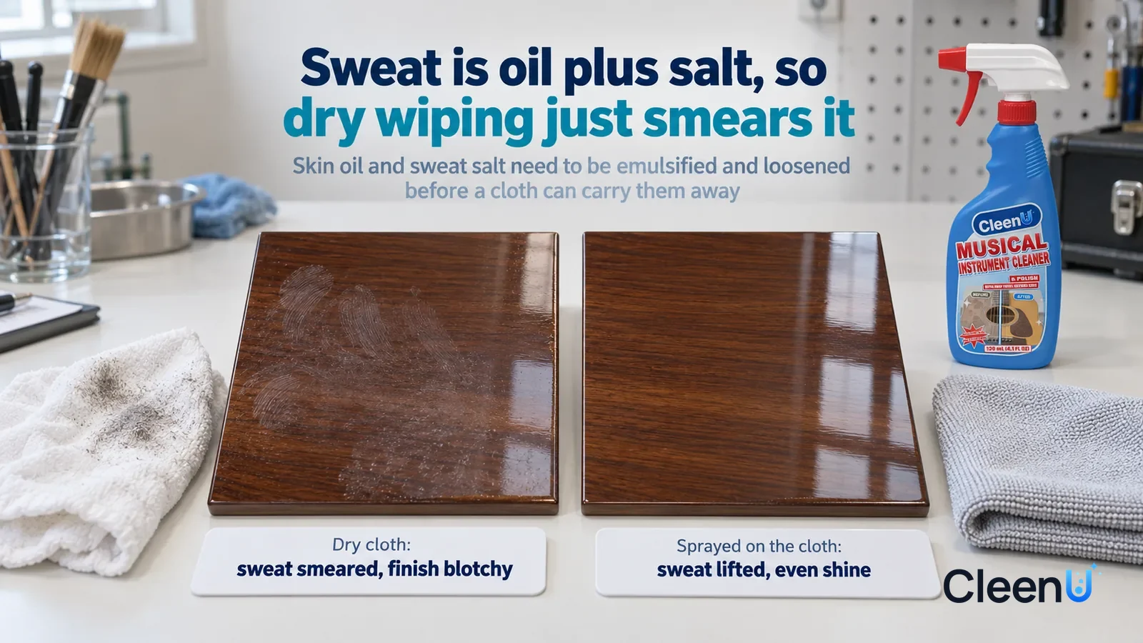 Illustration: CleenU Musical Instrument Cleaner & Polish — A landscape medium close-up of a small experiment in a cleaning lab: two identical gloss-finish wood-grain samples side by side on a white t