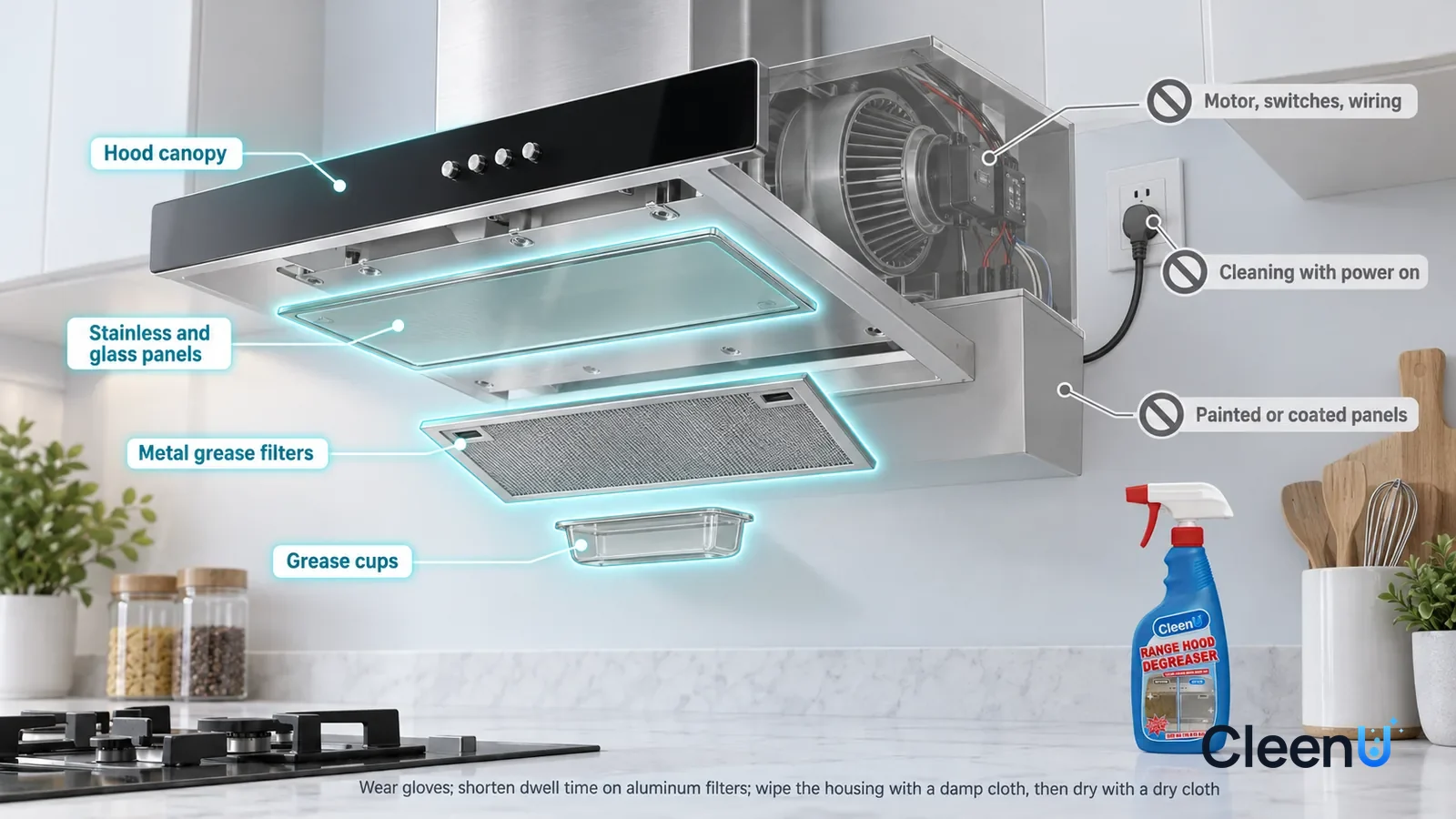 Illustration: CleenU Range Hood Degreaser — A realistic 3D cutaway of a bright home kitchen, one continuous space from one viewpoint