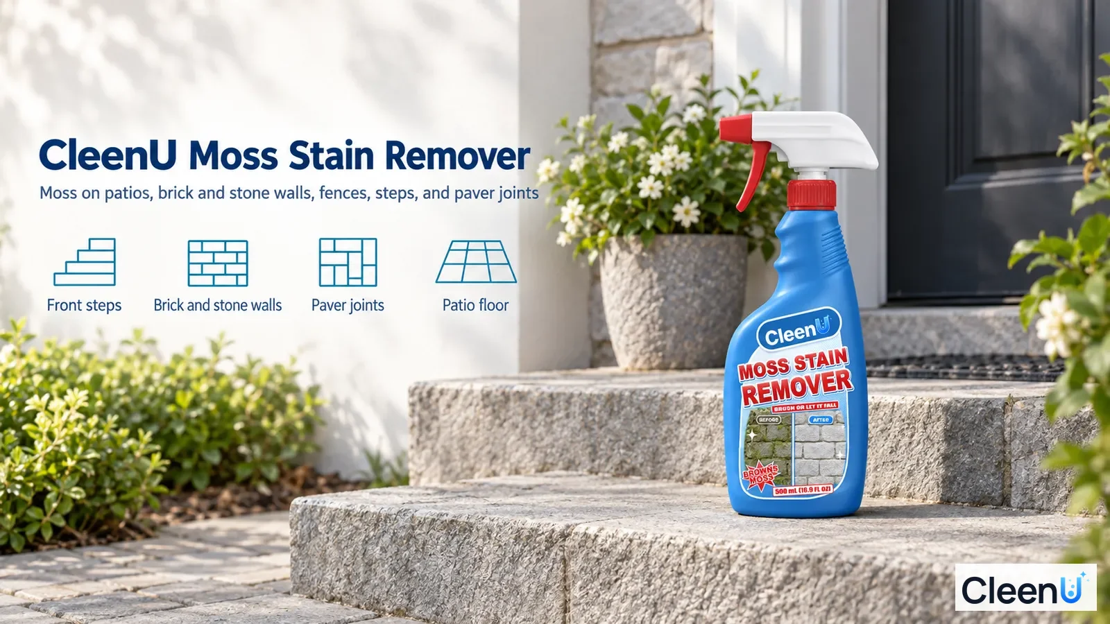 Illustration: A blue cleaner bottle on front steps beside a flowerpot and use icons.