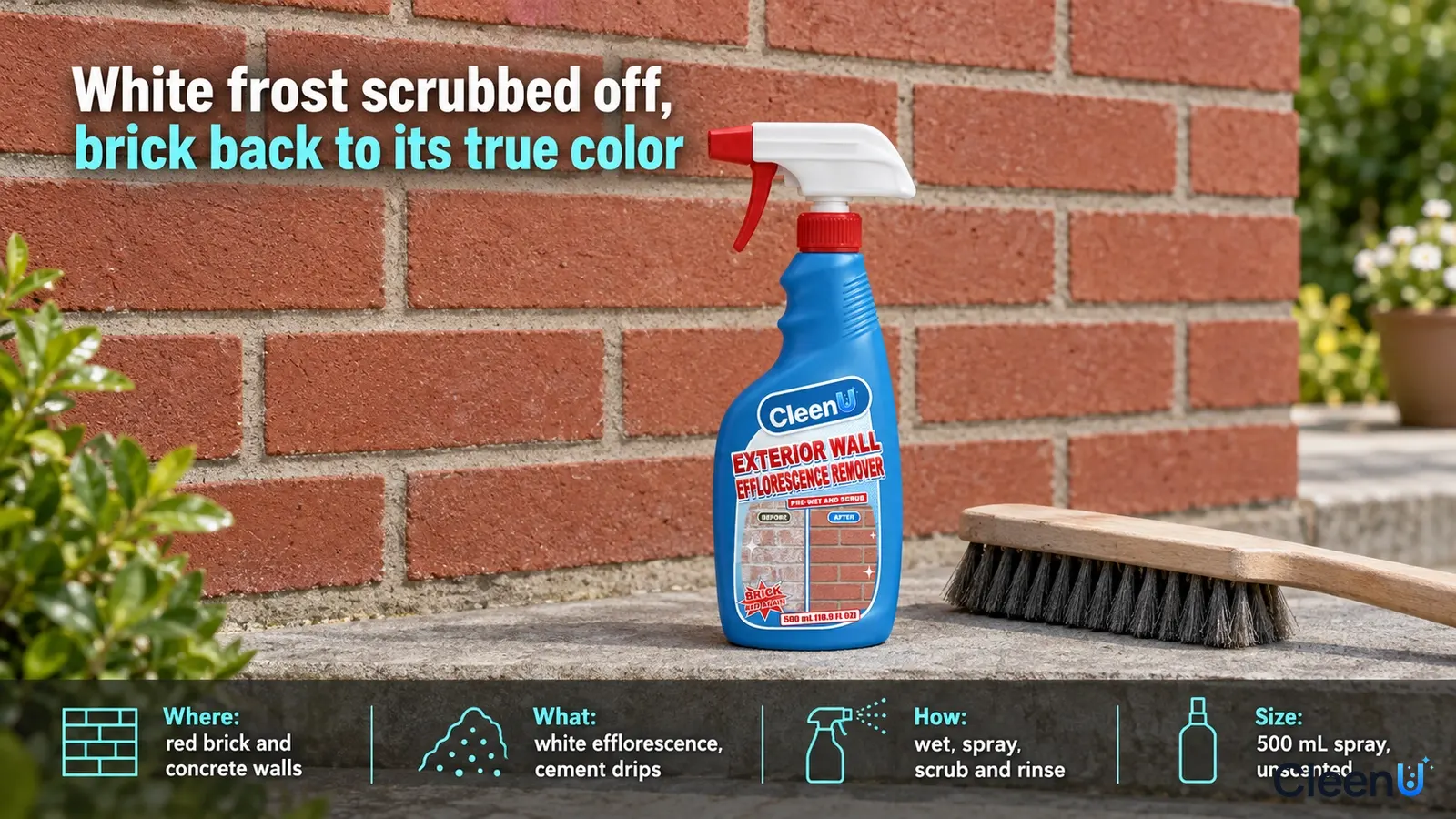 Illustration: A blue cleaner bottle and wooden brush in front of a red brick wall.