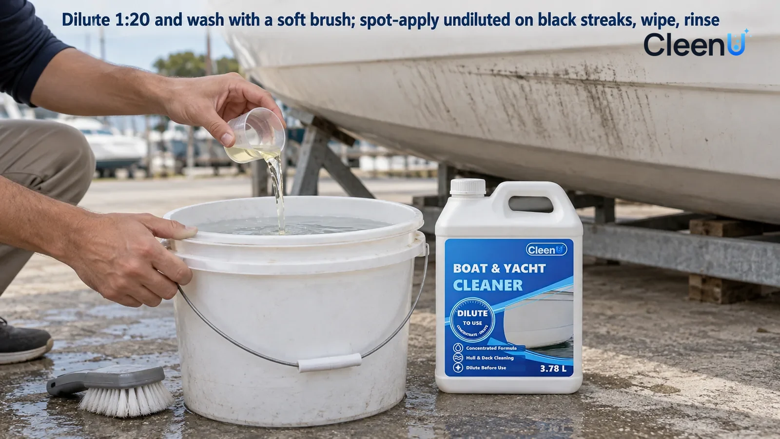 Illustration: CleenU Boat & Marine Cleaner — Outdoors, the concrete beside a boat stand on shore, low close-up: one hand holds a separate small clear measuring cup (no printed numbers)