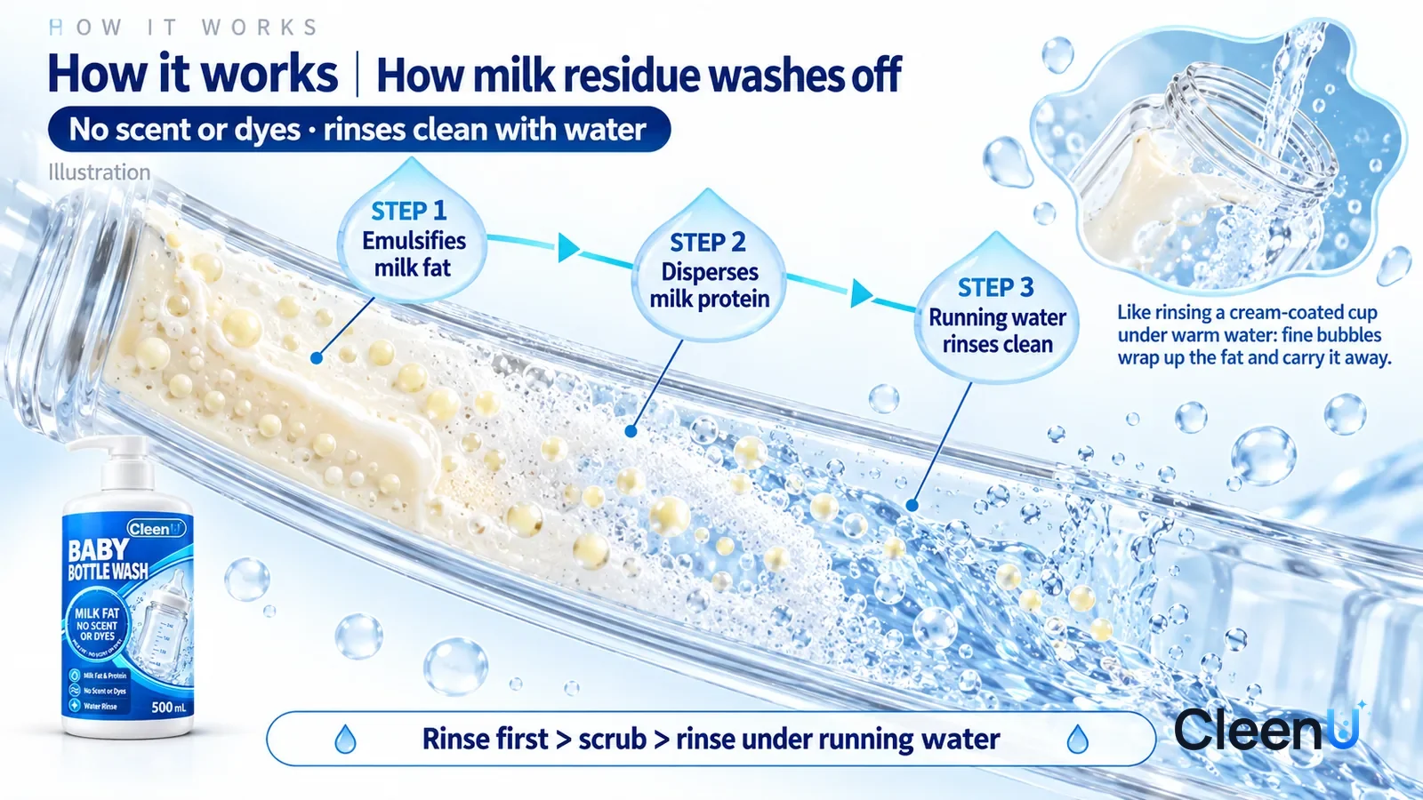 Illustration: CleenU Baby Bottle Wash — an enormously magnified slice of a clear baby bottle wall runs diagonally from upper left to lower right; on the left a milky white film cli