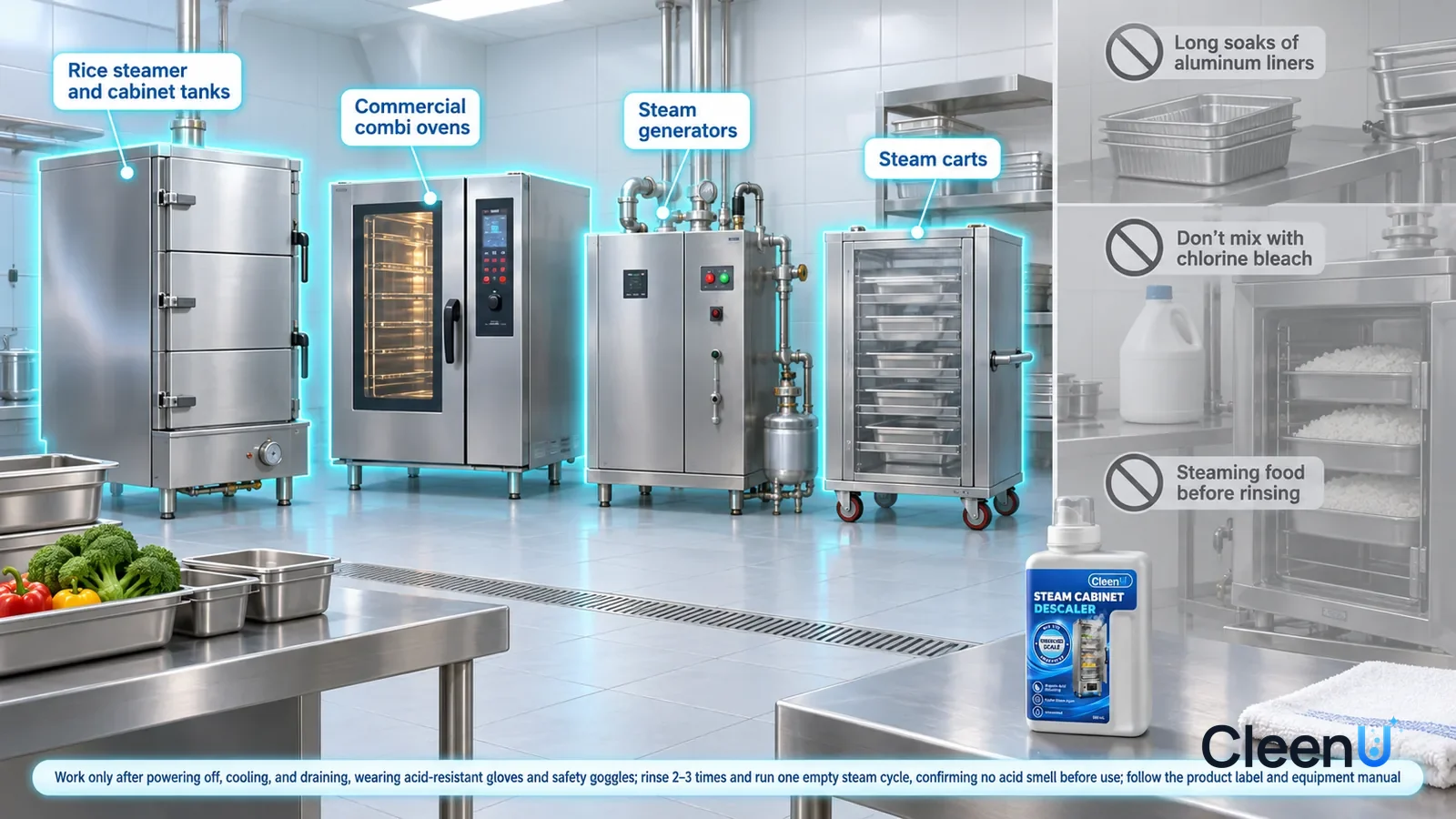 Illustration: CleenU Steam Cabinet & Combi Oven Descaler — A realistic 3D cutaway of a bright institutional cafeteria back kitchen, one continuous space from one viewpoint