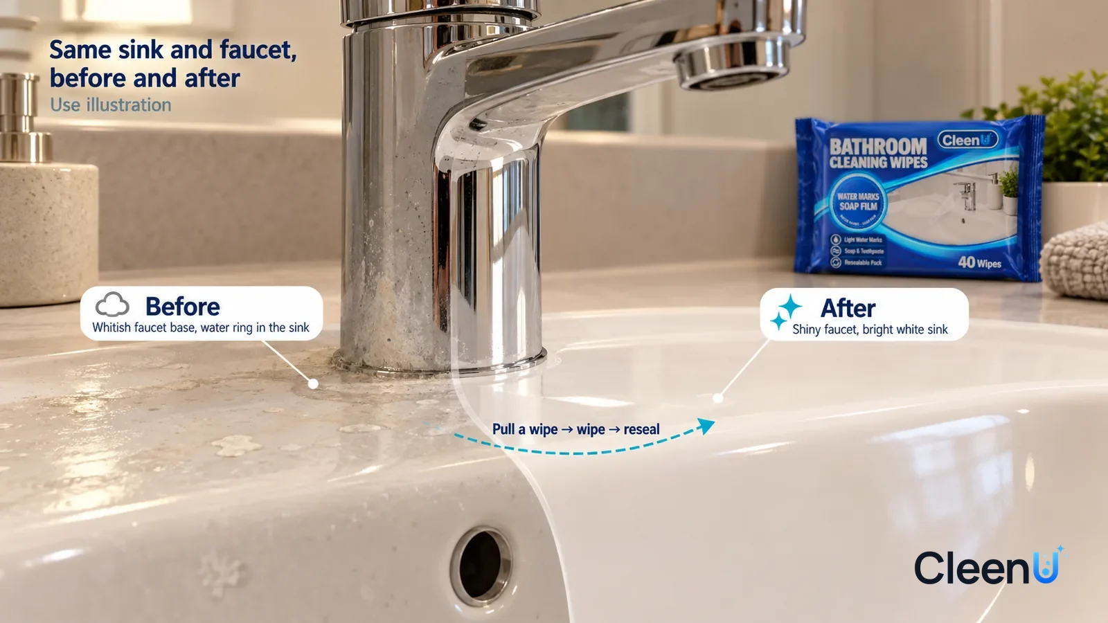 Illustration: CleenU Bathroom Cleaning Wipes — A full-screen low-angle close-up of a chrome faucet base and the edge of a white ceramic sink in the same raking light: the untreated side h