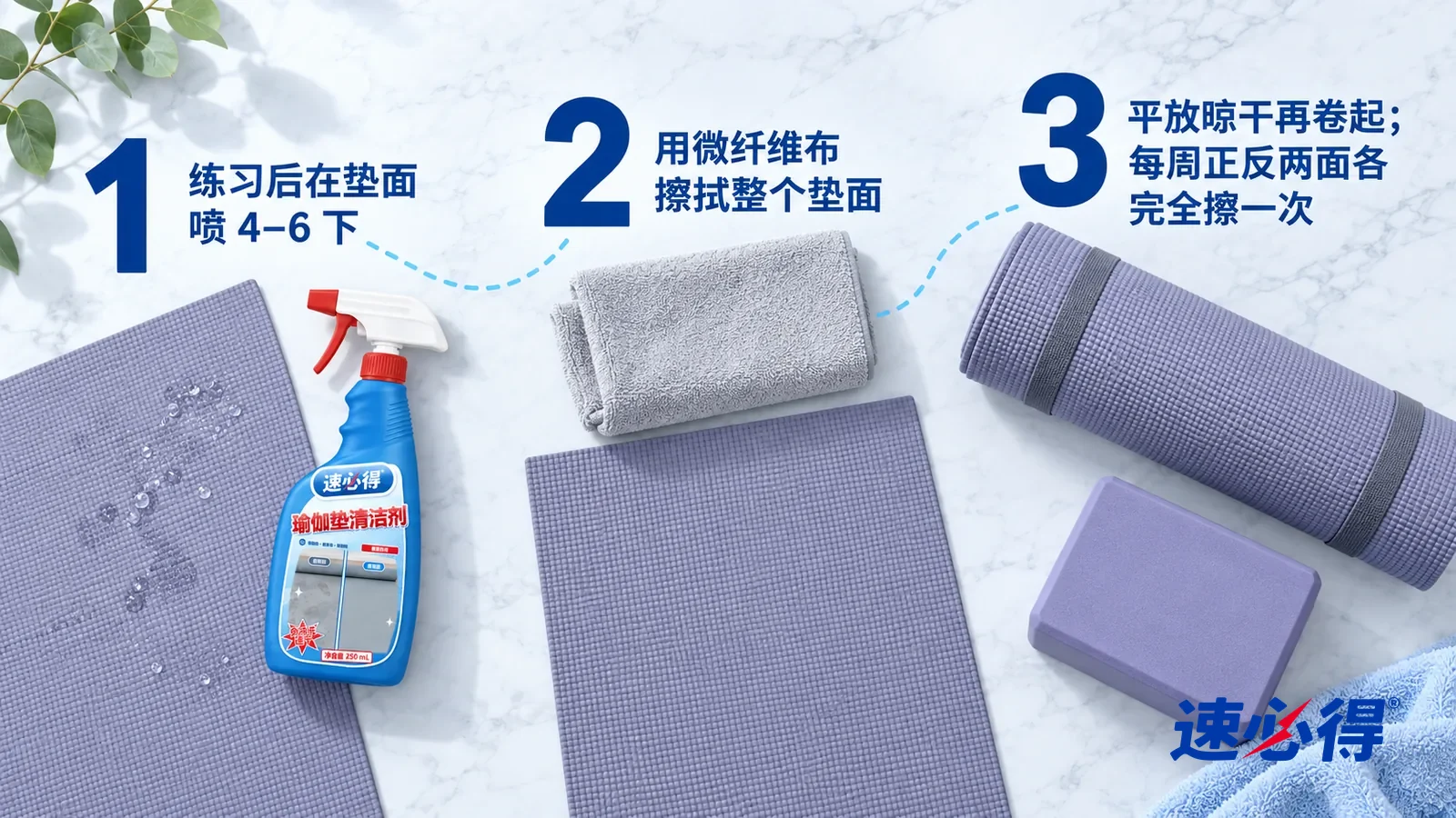 示意图：速必得瑜伽垫清洁剂——正上方俯拍的浅色大理石台面，不出现瓶子和手：① 一块灰紫色瑜伽垫样片，表面几小片均匀的细雾湿痕