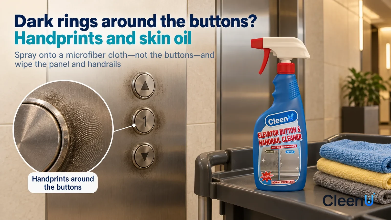 Illustration: CleenU Elevator Button & Handrail Cleaner — An office-building elevator lobby with no brand marks or sign text anywhere; in raking light a ring of dark handprints and oily fingerprints H