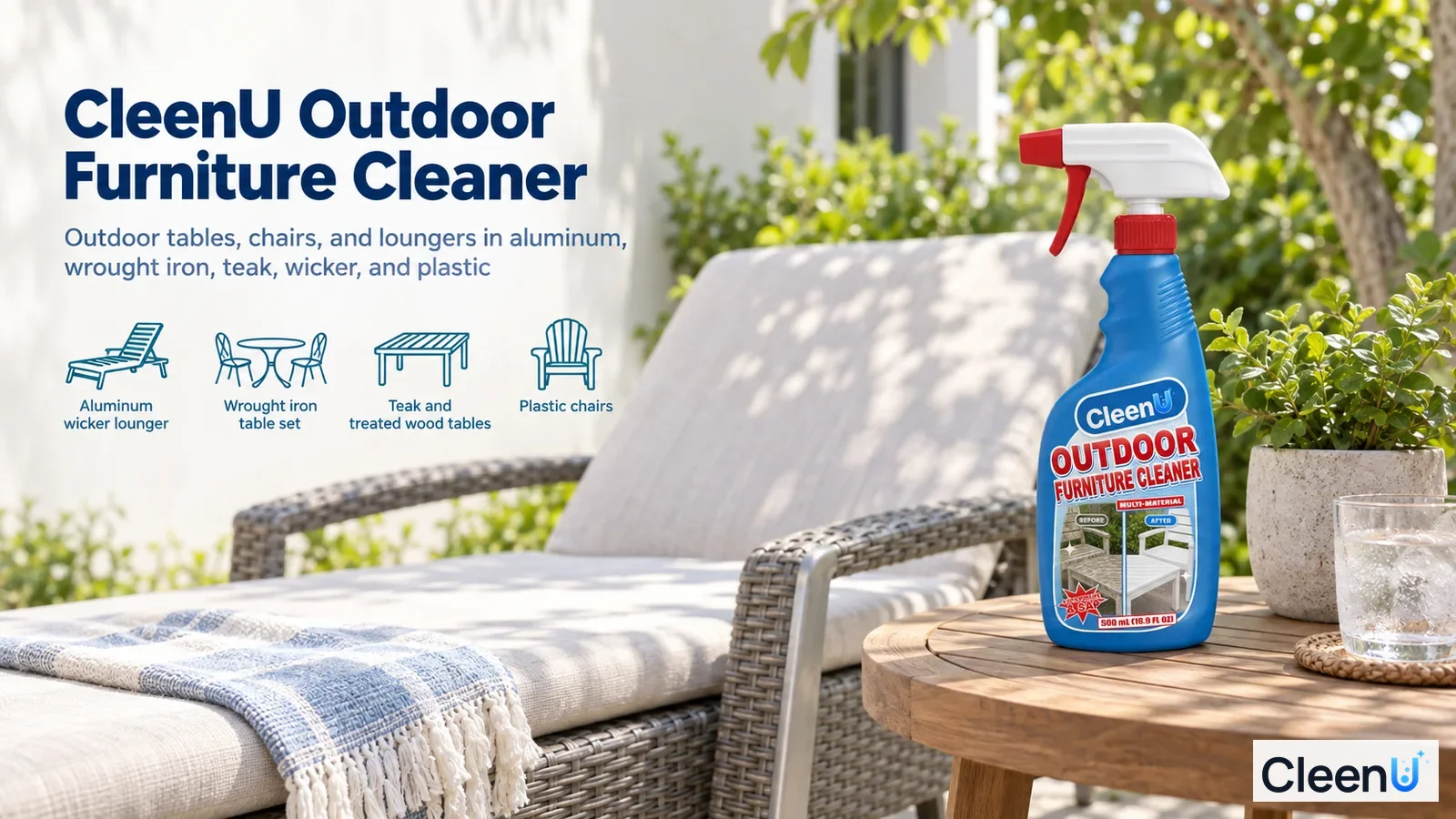 Illustration: A blue cleaner bottle beside a woven outdoor lounger with use icons.