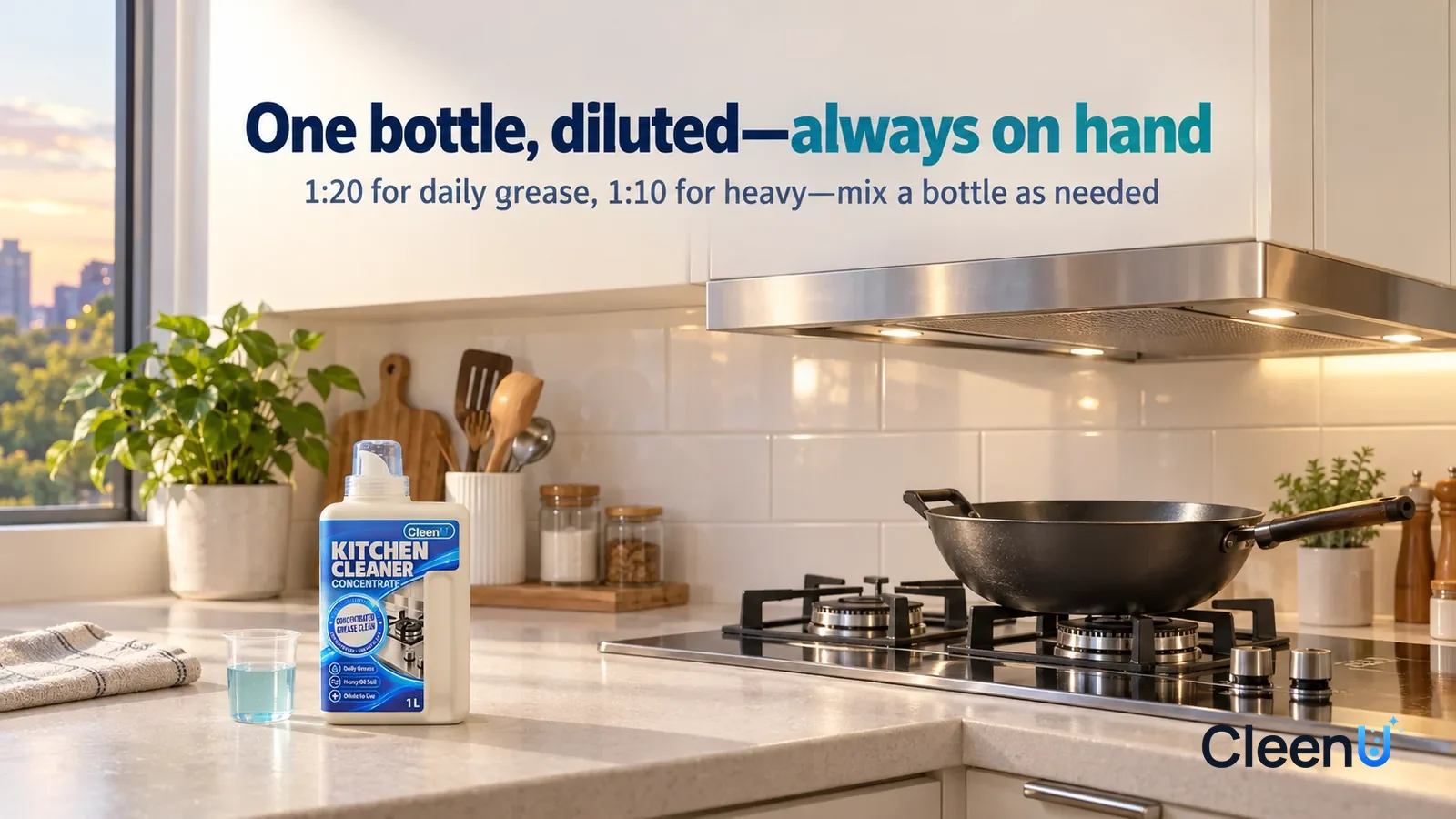 Illustration: CleenU Kitchen Cleaner Concentrate — A bright evening kitchen, the stove spotless, the range hood exterior shiny, the cabinet doors fresh, a washed wok on the stove Headline: "One bottle