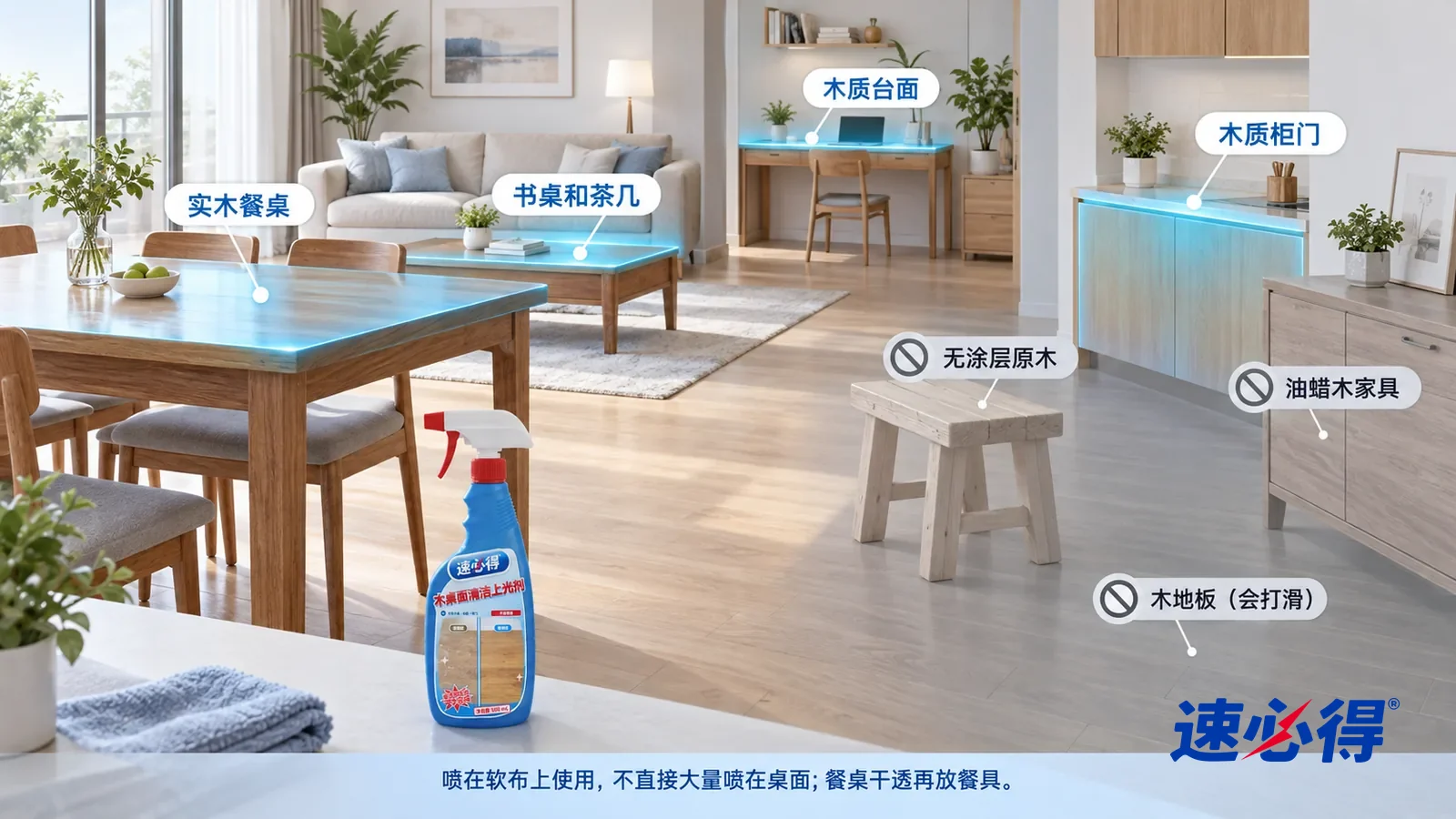 示意图:速必得木桌面清洁上光剂——一张写实 3D 剖面实景图,一套明亮的家的餐厅、客厅、书房和厨房区域,连续空间、一个视角,封漆实木餐桌、书桌和茶几、木质台面