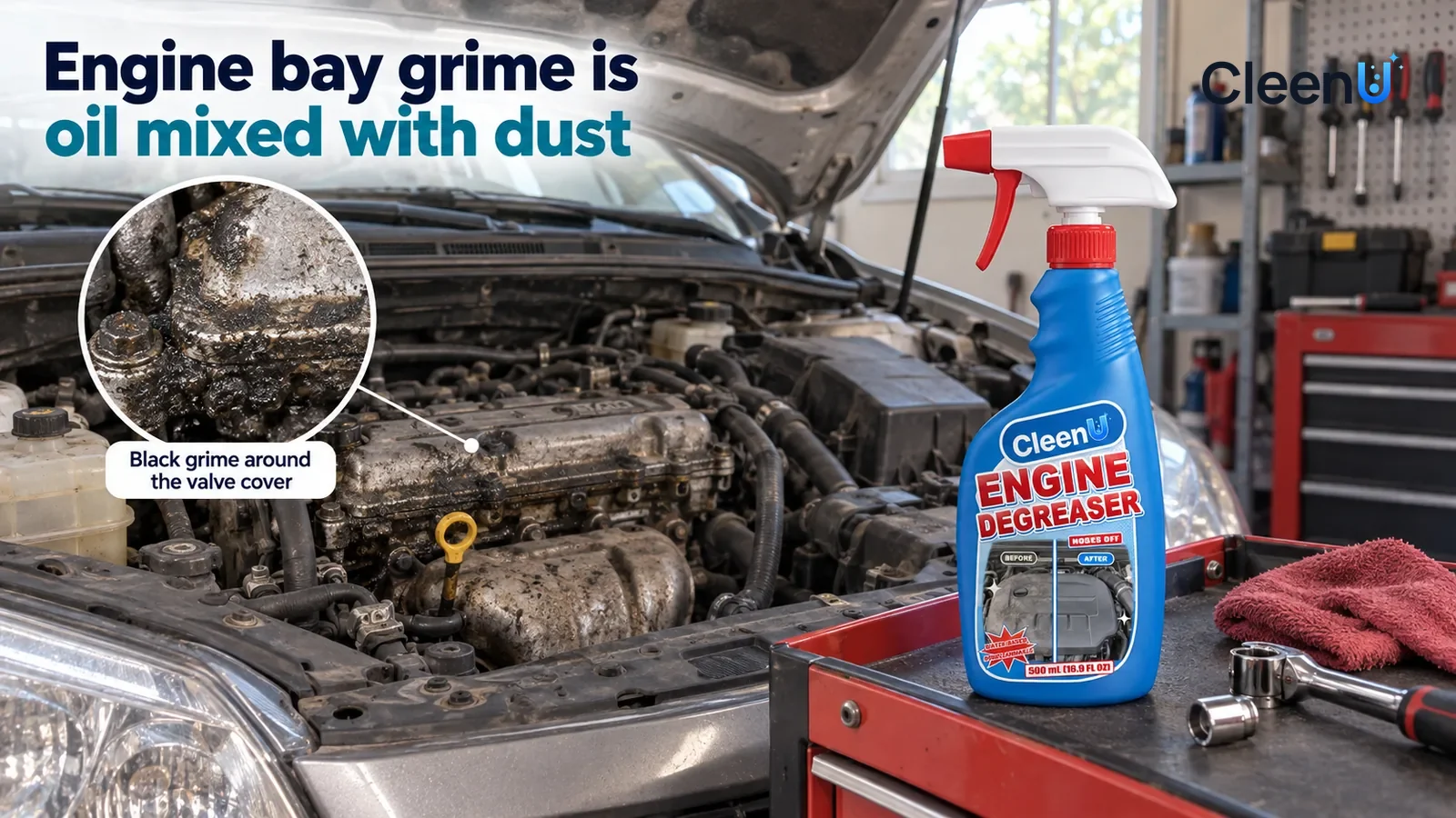Illustration: CleenU Engine Degreaser — A home garage, a family sedan (no logos, no license plate numbers) parked with the engine off and the hood propped open; in raking side ligh