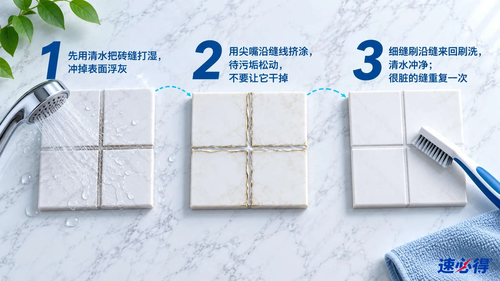 示意图：淋浴喷头、不同污垢状态的瓷砖样片和小刷子，配有编号步骤。