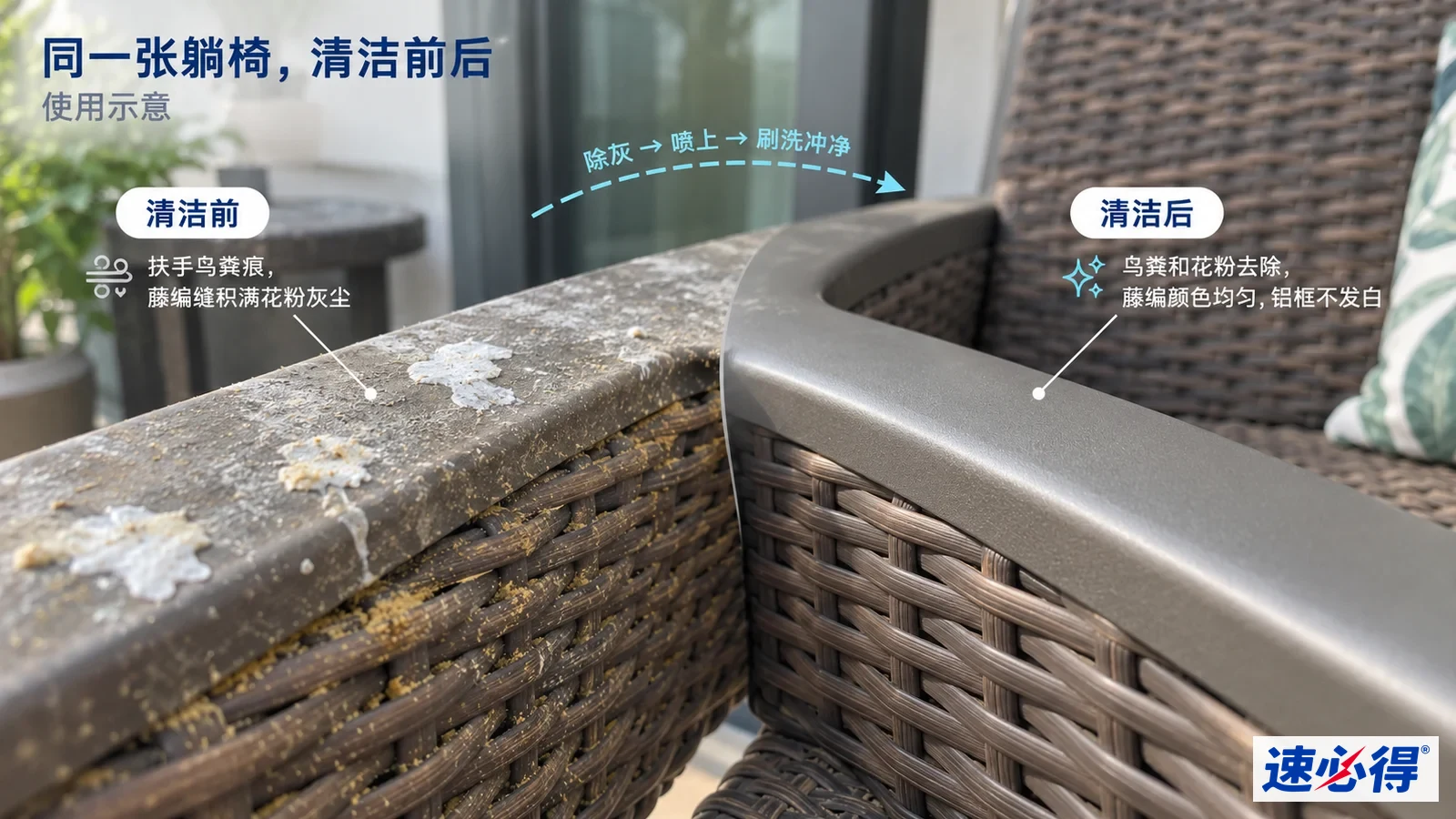 示意图：躺椅扶手的污迹区域与较洁净区域对照，非实测照片。