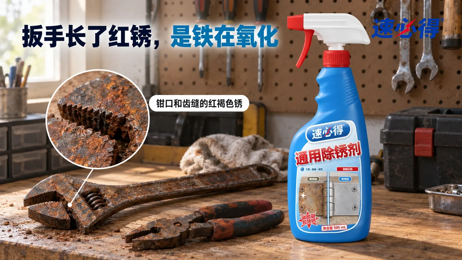 示意图：速必得通用除锈剂——一个家常车库的木质工作台，墙上洞洞板挂着几件工具，台面上放着一把生锈的钢制活动扳手和一副钳子（都无品牌标志）