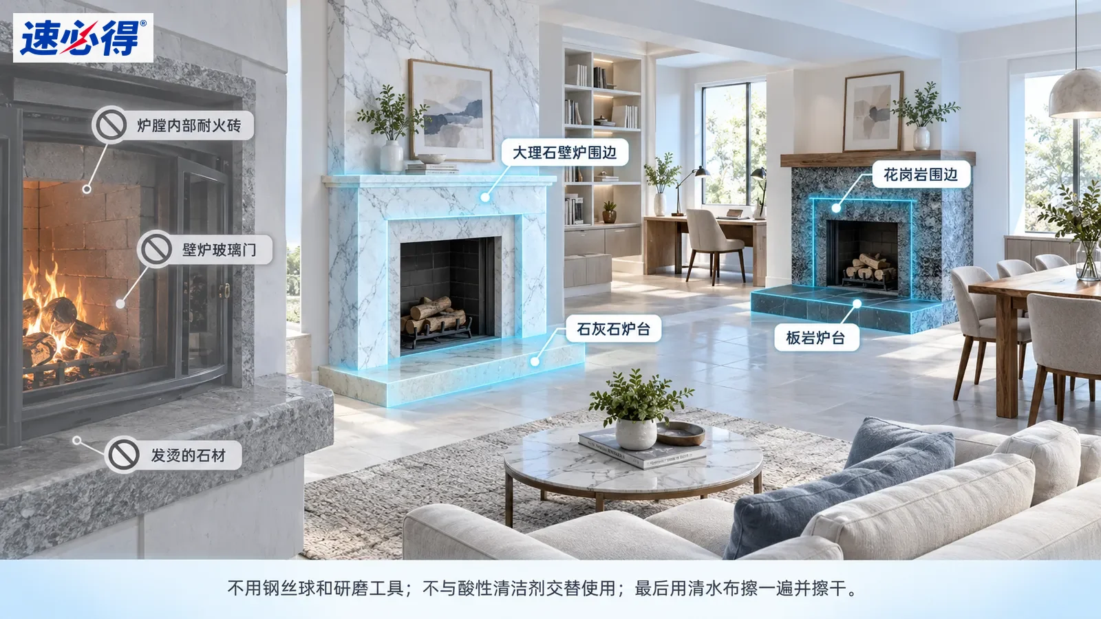 示意图:客厅石材壁炉外框及炉台被突出显示,旁列温度和材质注意事项。