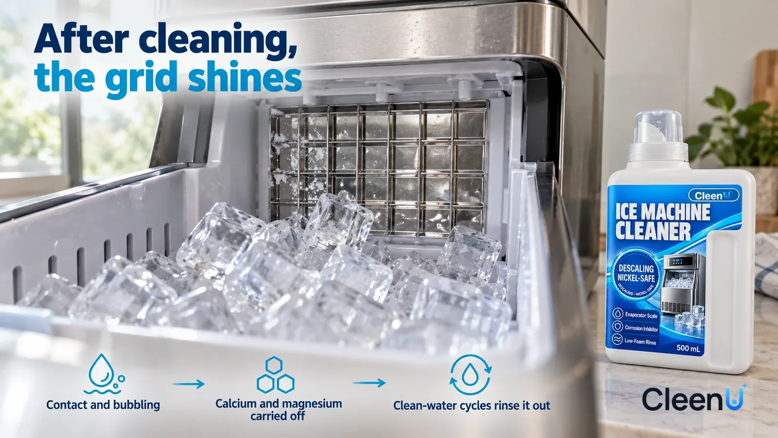 Illustration: CleenU Ice Machine Cleaner — a scoop of clear ice cubes has just dropped in, the cubes crisp-edged and glowing with light