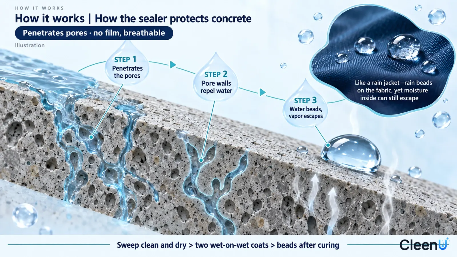 Illustration: Concrete pore cross-sections, blue liquid, surface water beads and arrows.