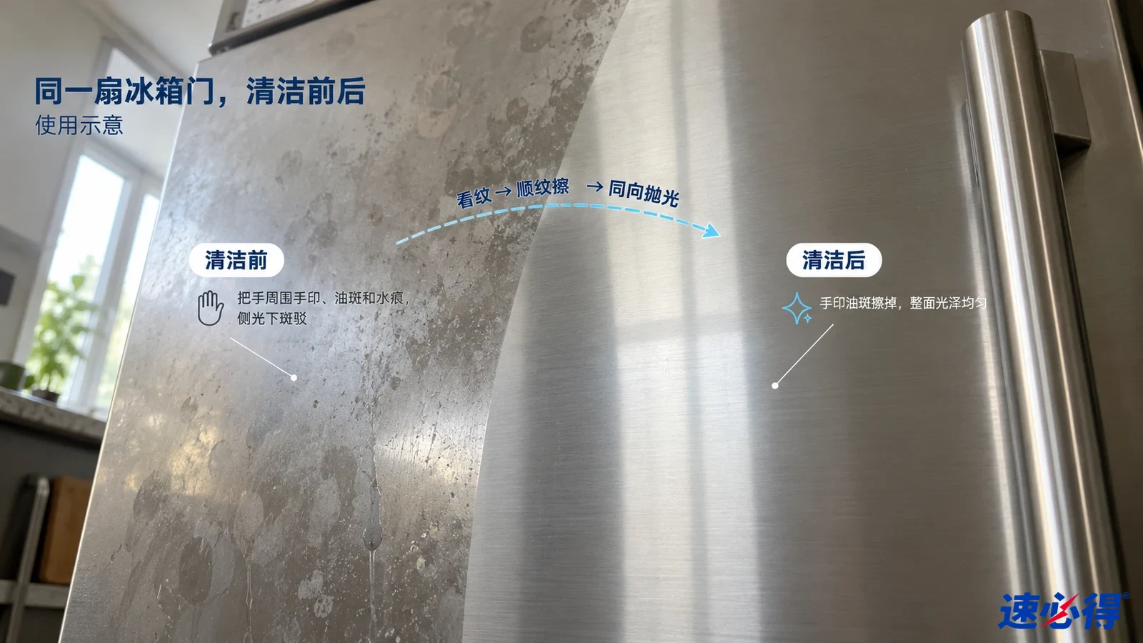 示意图:不锈钢冰箱门的油印指纹区域与较清晰区域对照,非实测照片。