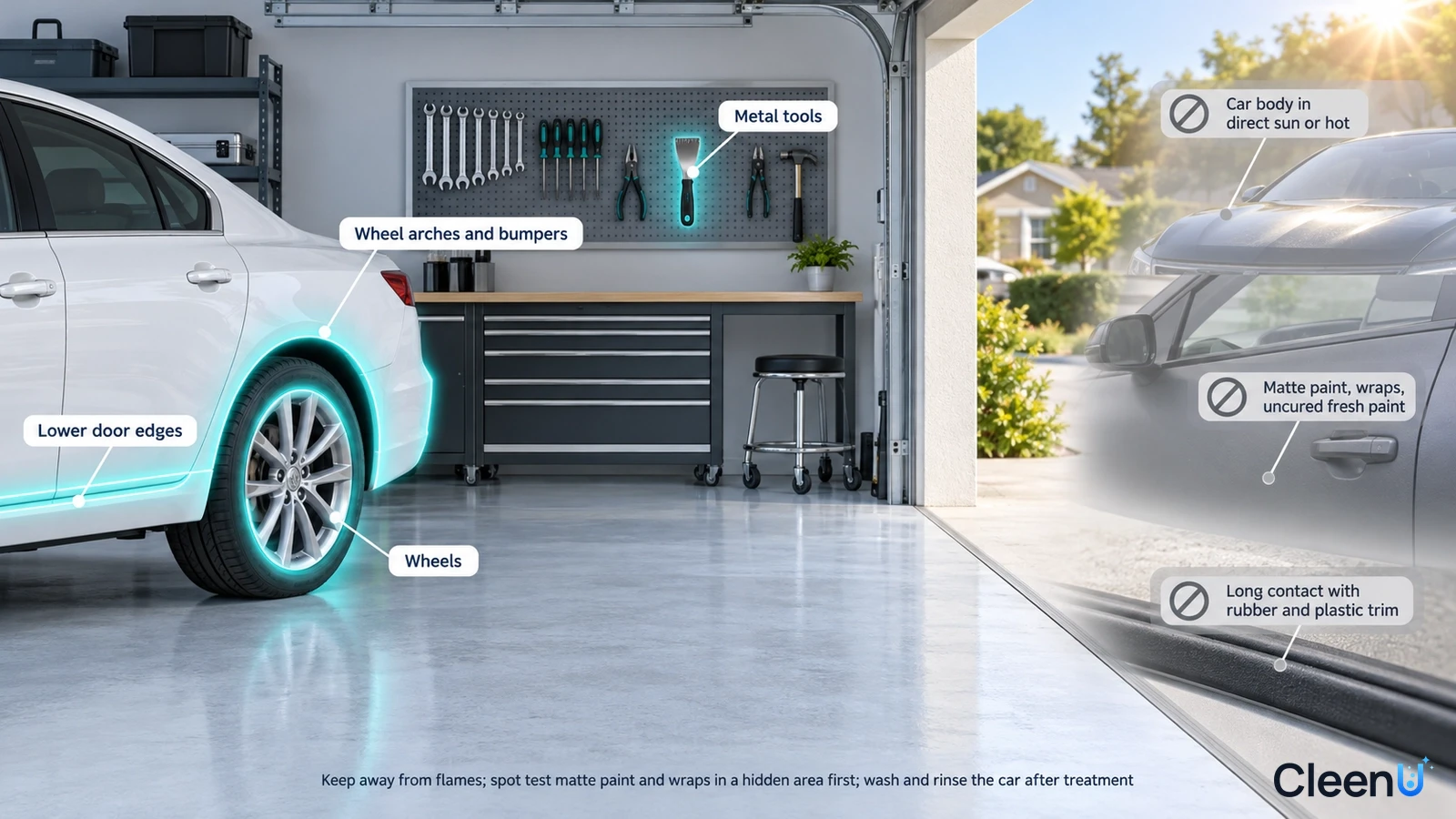 Car exterior illustration highlighting lower door and wheel areas beside surface precaution icons.