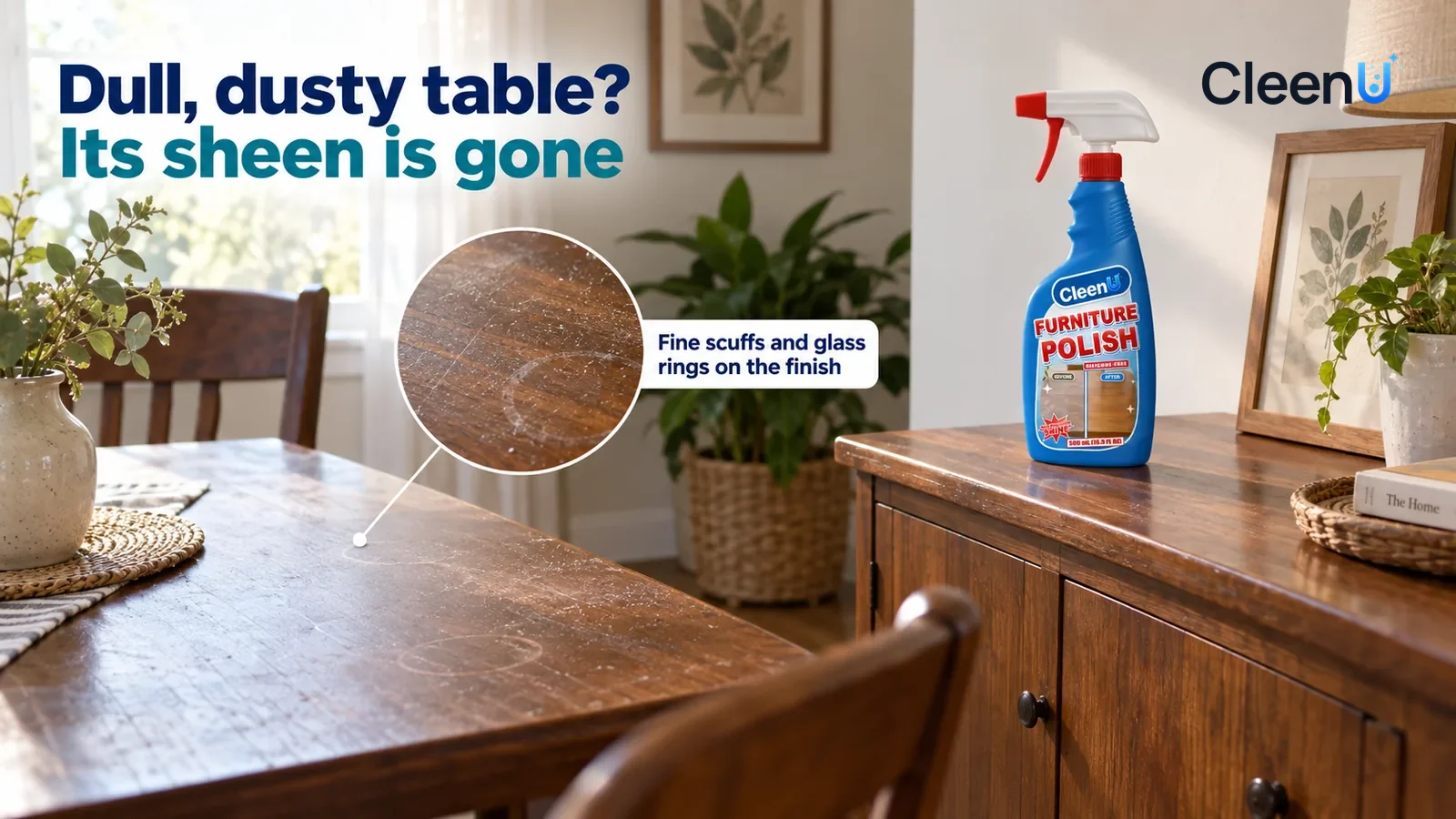 Illustration: CleenU Furniture Polish — An everyday dining room, a solid-wood dining table used for years; in angled side light the finish looks dull and hazy