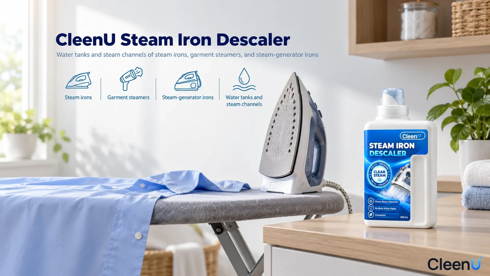 Illustration: An iron on an ironing board beside a white descaler bottle with use icons.