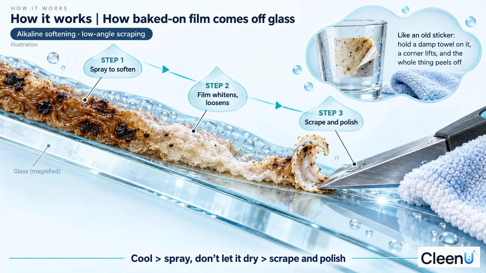 Illustration: A glass cross-section with brown grease film, liquid, a lifting film layer and scraper.