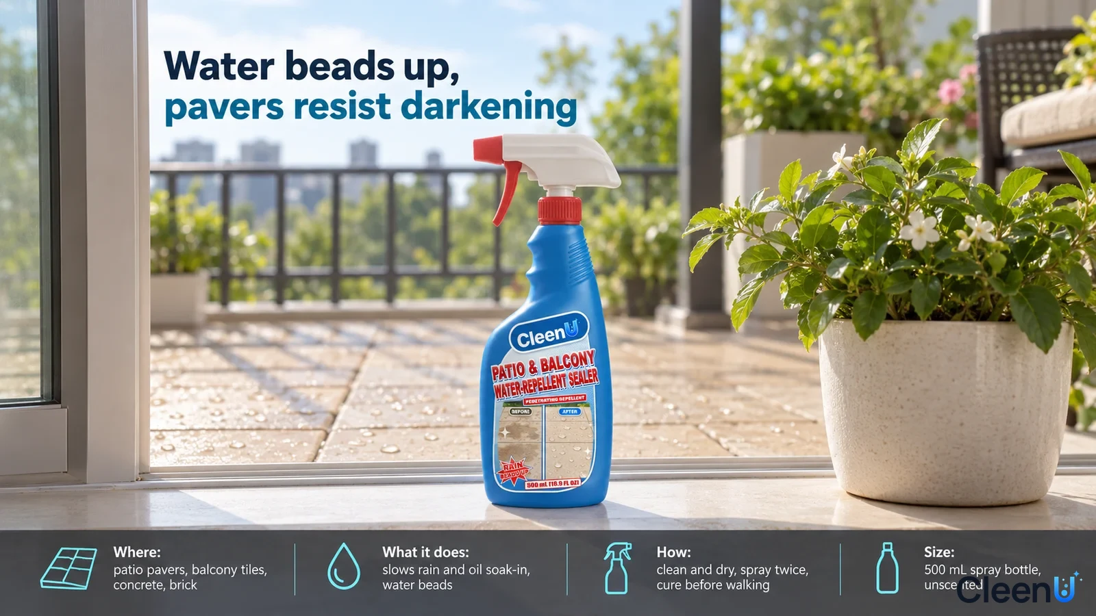 Illustration: A blue sealer spray bottle beside patio pavers, a flowerpot and water beads.