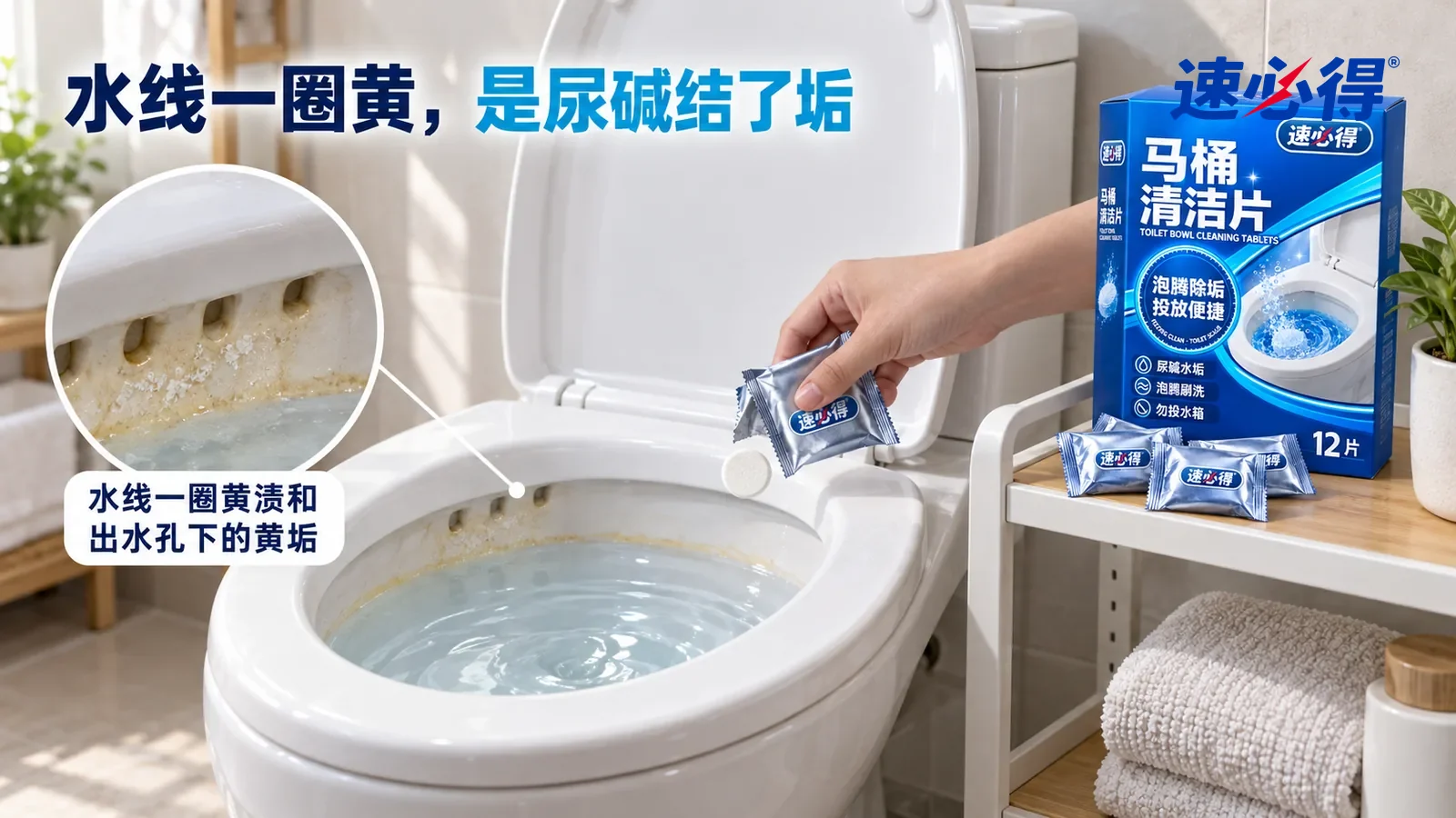示意图：速必得马桶清洁片——一间干净明亮的家常卫生间，一只白色陶瓷马桶掀起座圈和盖板，水箱盖合着，马桶里的水清澈透明，侧光斜照下水线一圈淡黄褐色的黄渍清楚可见
