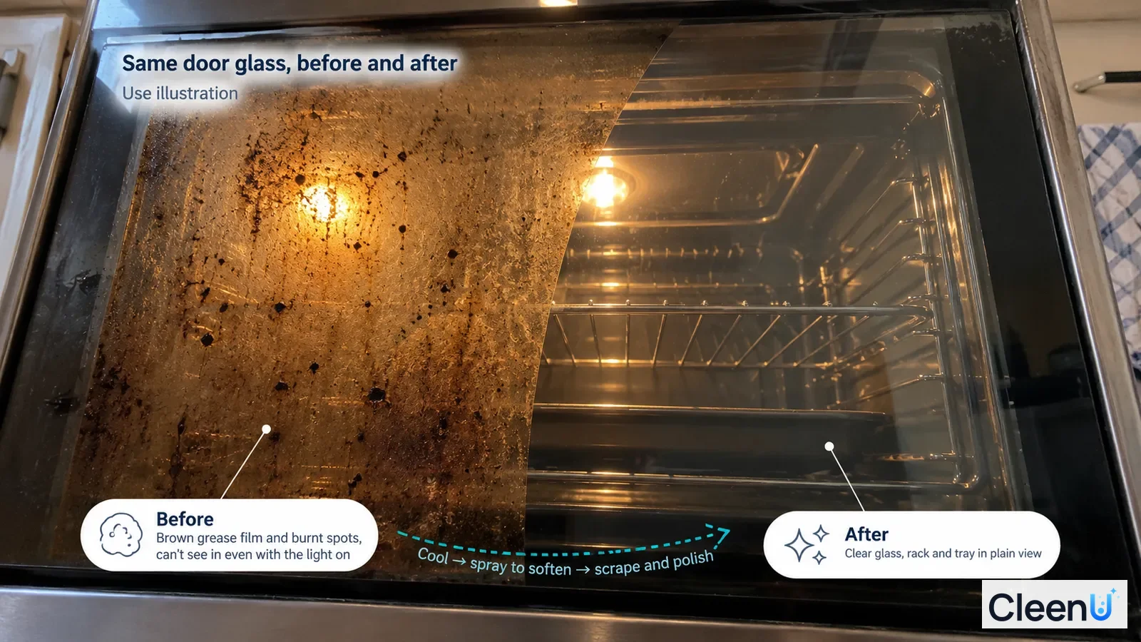 Illustration: Brown grease beside a clearer oven door glass area; not a measured cleaning test.