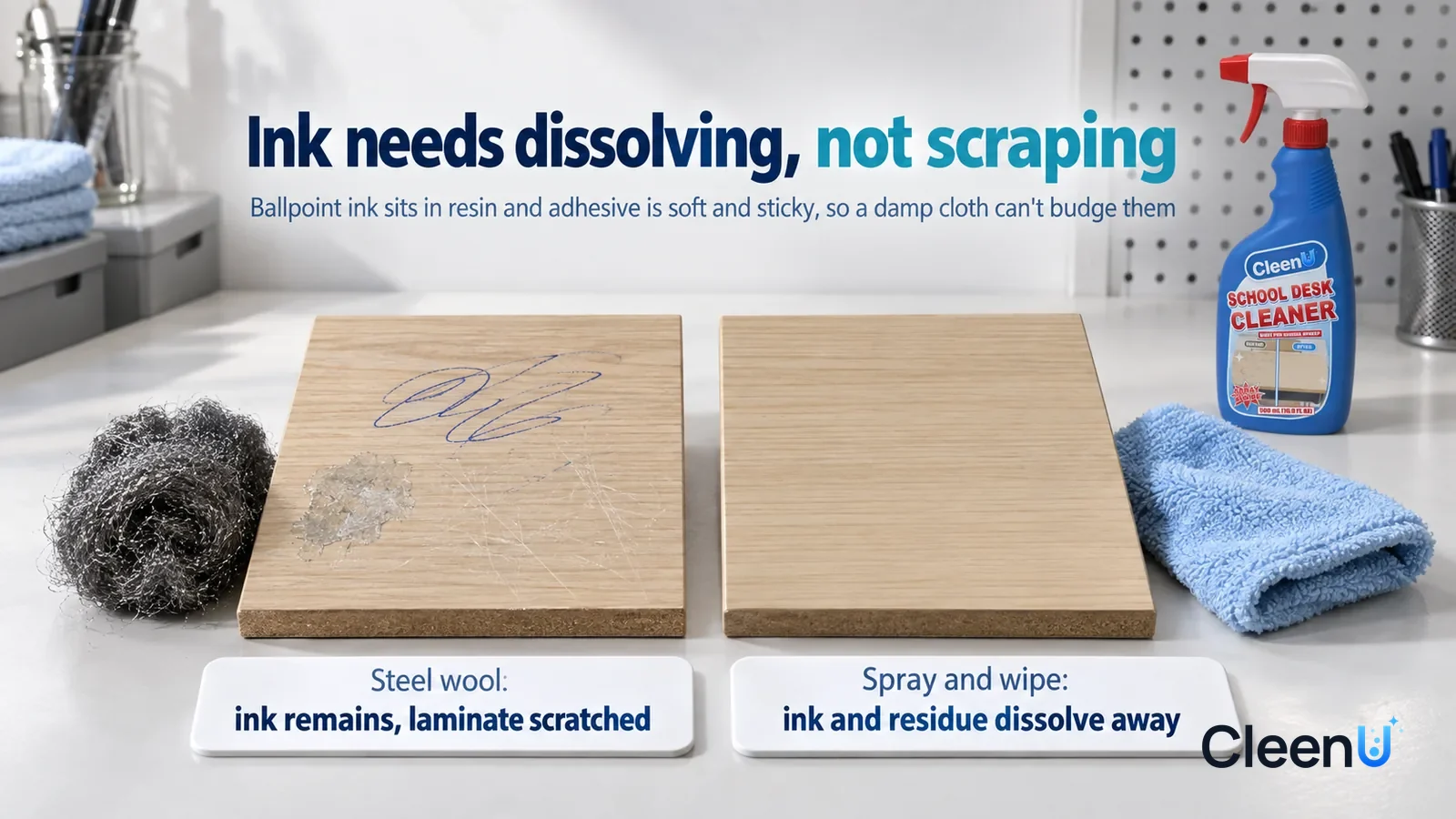 Illustration: CleenU School Desk Cleaner — A landscape medium close-up of a small experiment in a cleaning lab: two identical light wood-grain laminate samples side by side on a white Headline: "Ink n