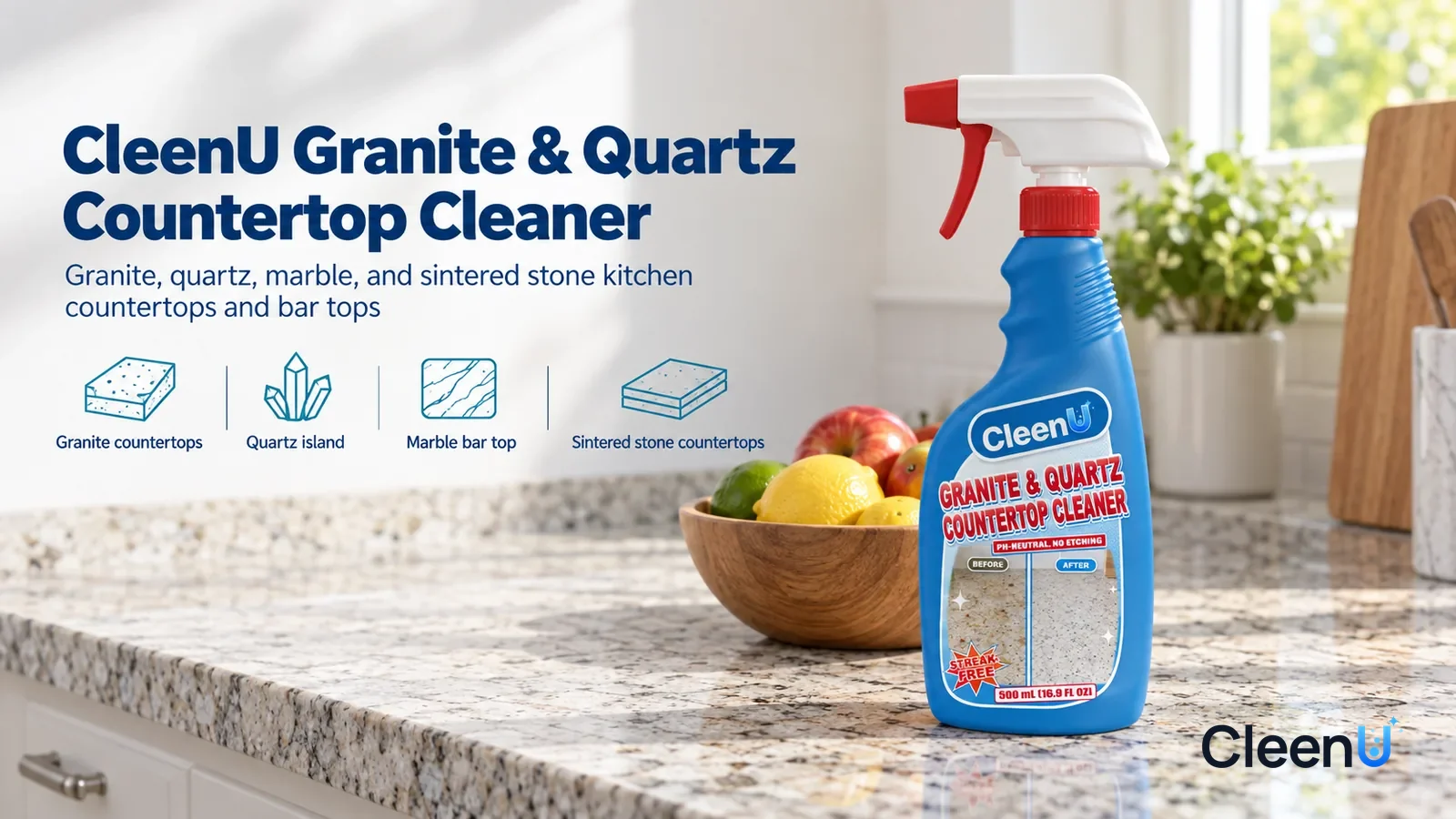 Illustration: CleenU Granite & Quartz Countertop Cleaner — A bright, clean kitchen, a stretch of white-and-grey granite countertop smooth and clear with crisp stone pattern
