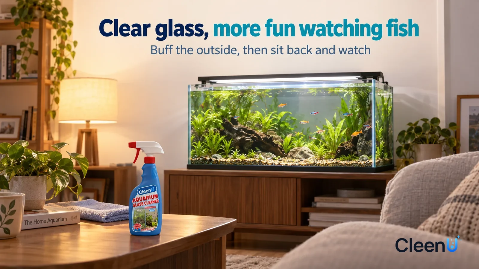 Illustration: CleenU Aquarium Glass Cleaner — A quiet living room in the evening, a planted aquarium (no brand marks) lit by a soft tank light, the front glass clear Headline: "Clear glass, more fun w