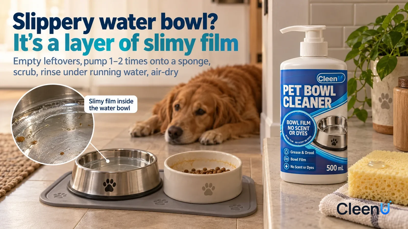 Illustration: CleenU Pet Bowl Cleaner — A pet feeding area in the corner of an everyday kitchen, a stainless-steel water bowl and a ceramic food bowl on a light grey feeding mat on Headline: "Slippery