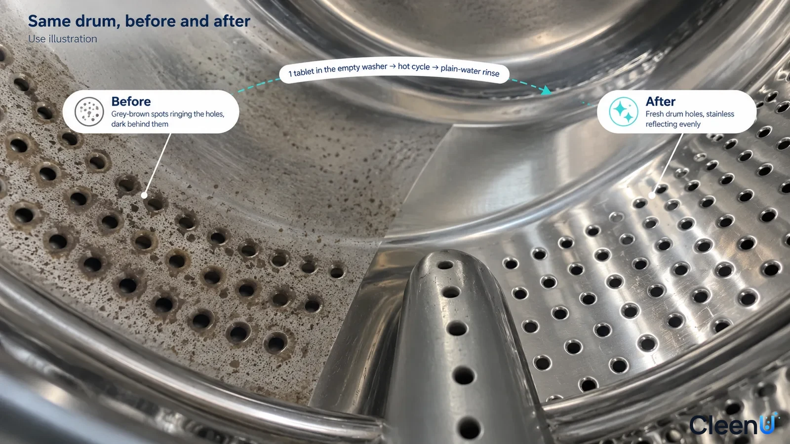Illustration: Dark grime beside clearer holes in a washer drum; not a measured cleaning test.