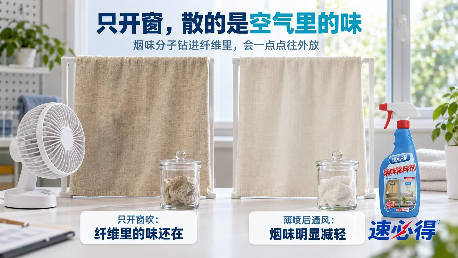 示意图：速必得烟味除味剂——并排挂着两块同样的米色窗帘布样，旁边各放一只带盖的玻璃样品罐，标题“只开窗，散的是空气里的味”