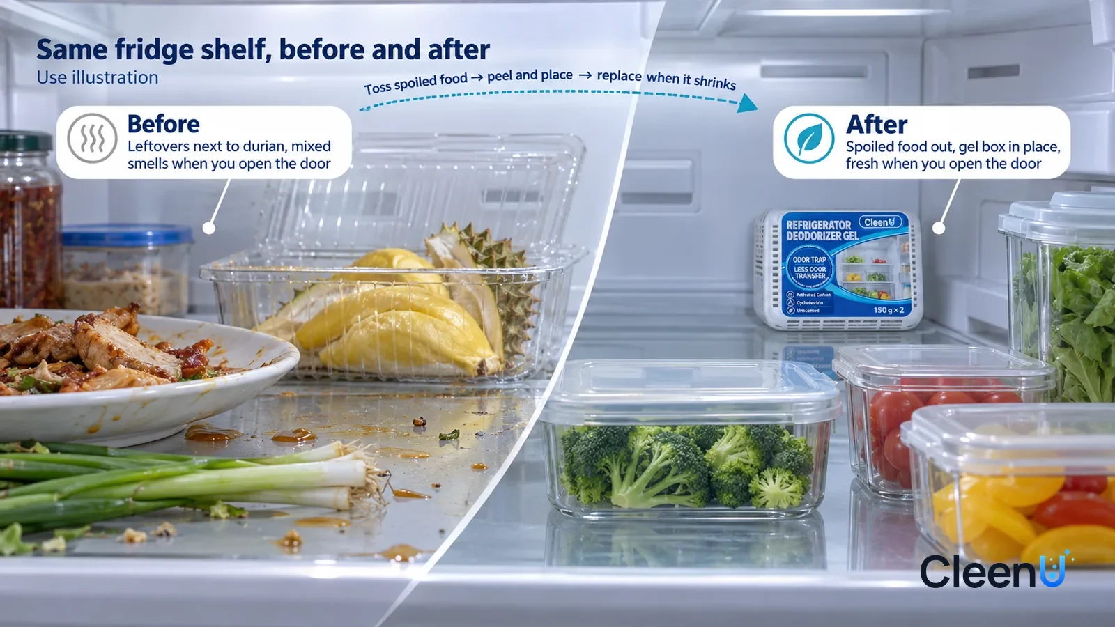 Illustration: CleenU Refrigerator Deodorizer Gel — A full-screen low-angle close-up of a glass fridge shelf in the same cool white light or package: the untreated side holds an uncovered plat